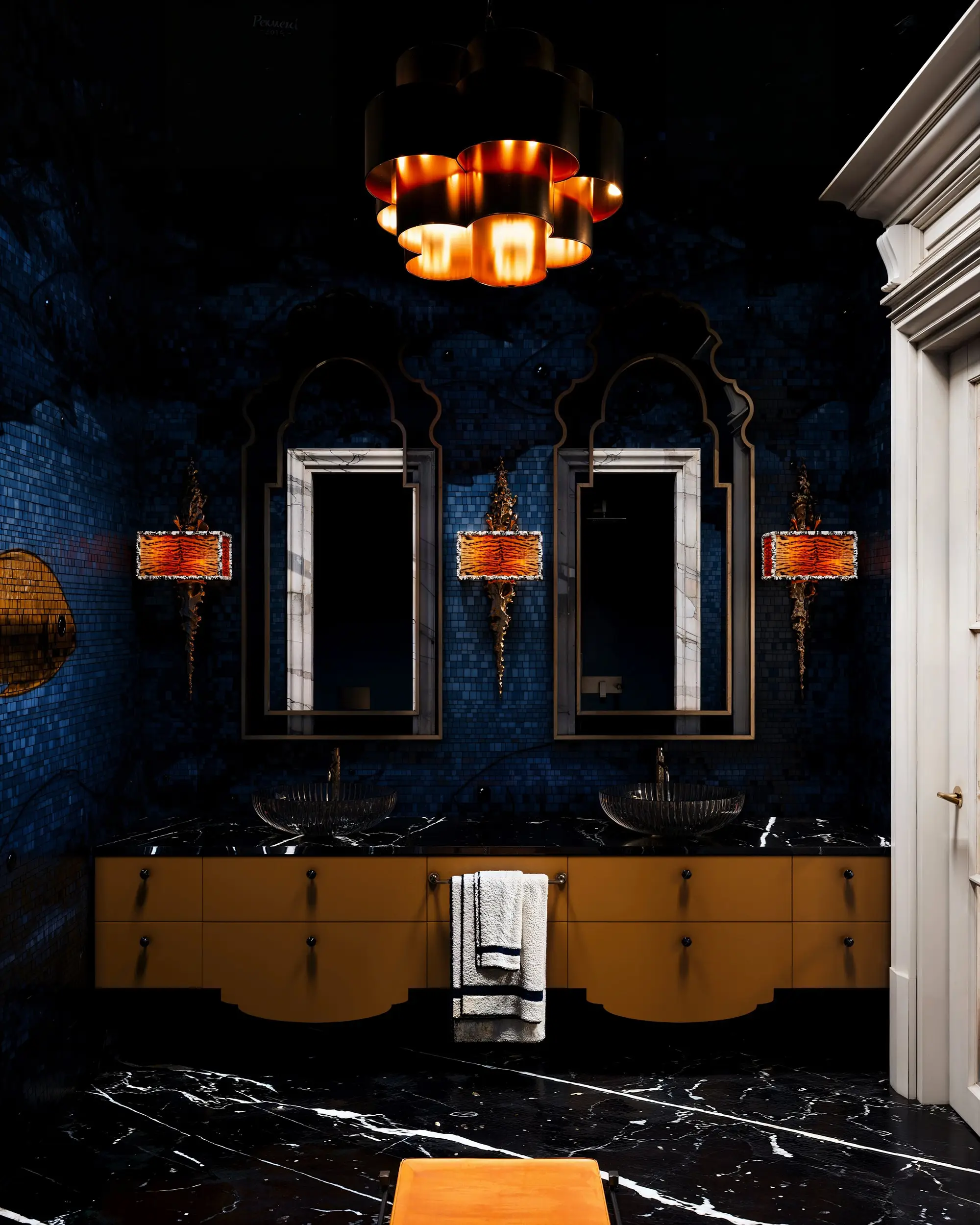 Mosaic-tiled bathroom with an ochre vanity