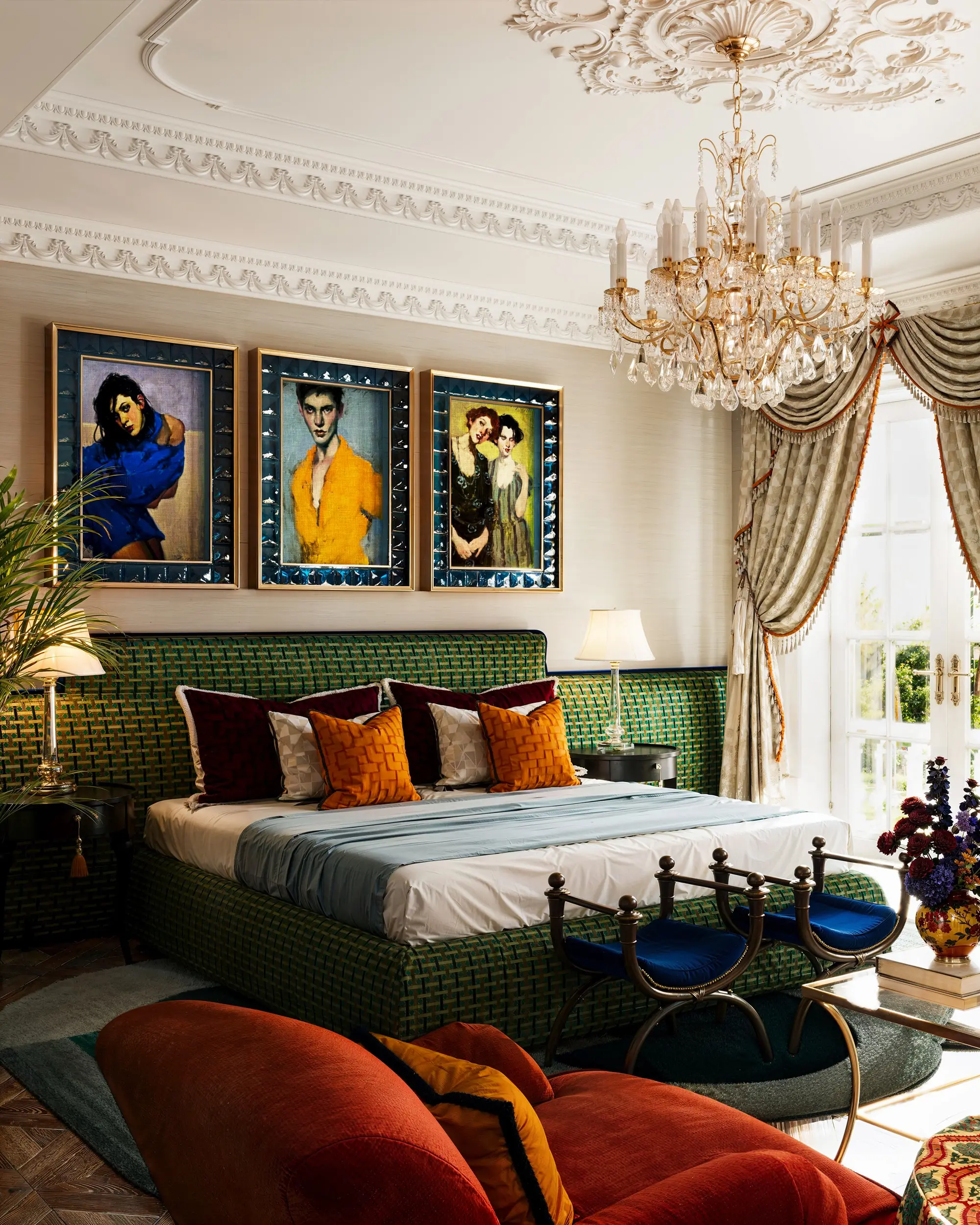 Vibrant master bedroom with a woven headboard